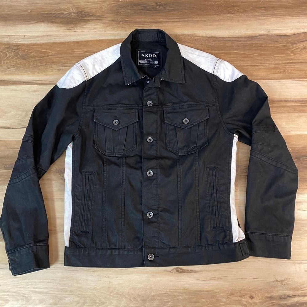 AKOO Trucker Jacket Size L Streetwear Cotton Blend Colorblock Black White